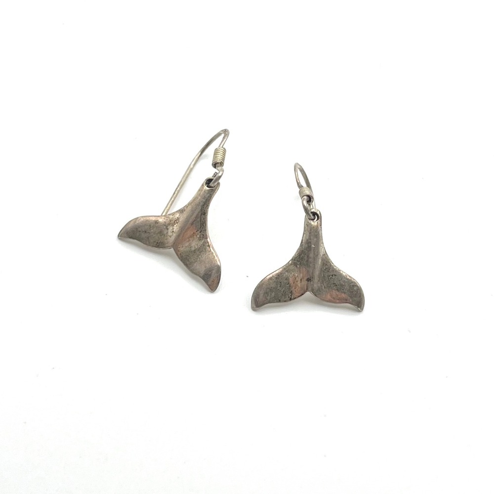 Vintage 925 Sterling Silver Whale Tail‎ Fluke Drop Dangle Earrings Nautical